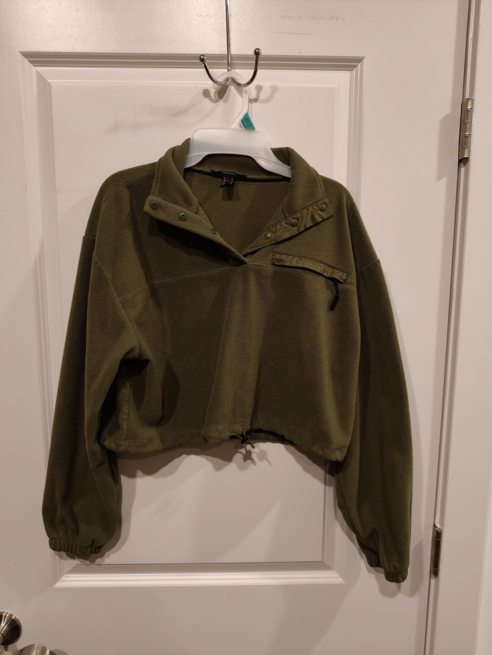 Forever 21 Olive Green Cropped Teddy Snap Pullover Jacket